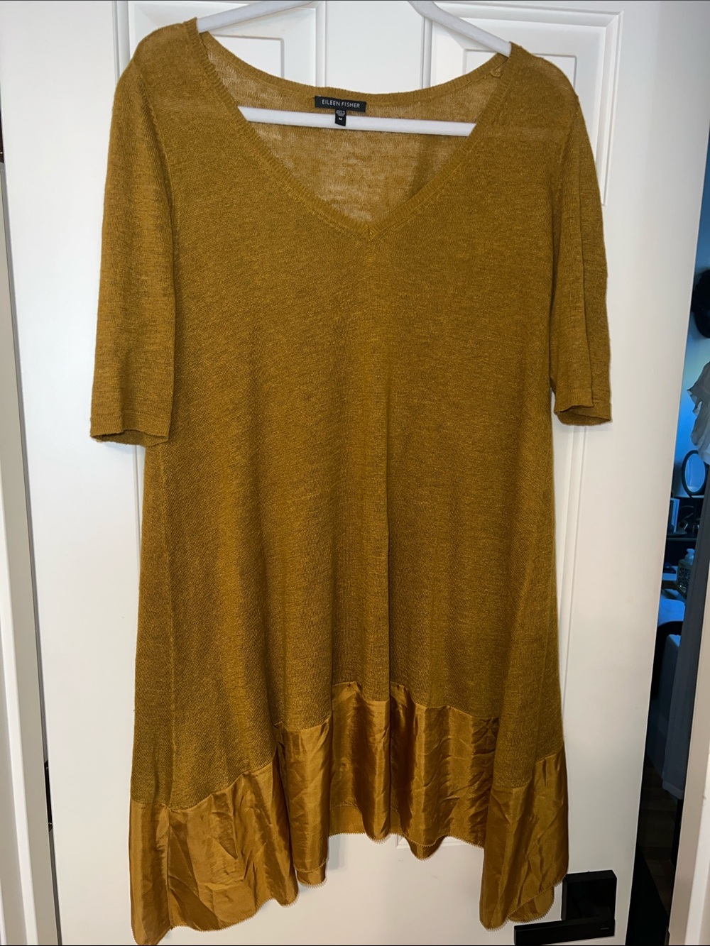 Eileen Fisher Mustard V-Neck Knit Midi Dress with Satin Ruffle Hem